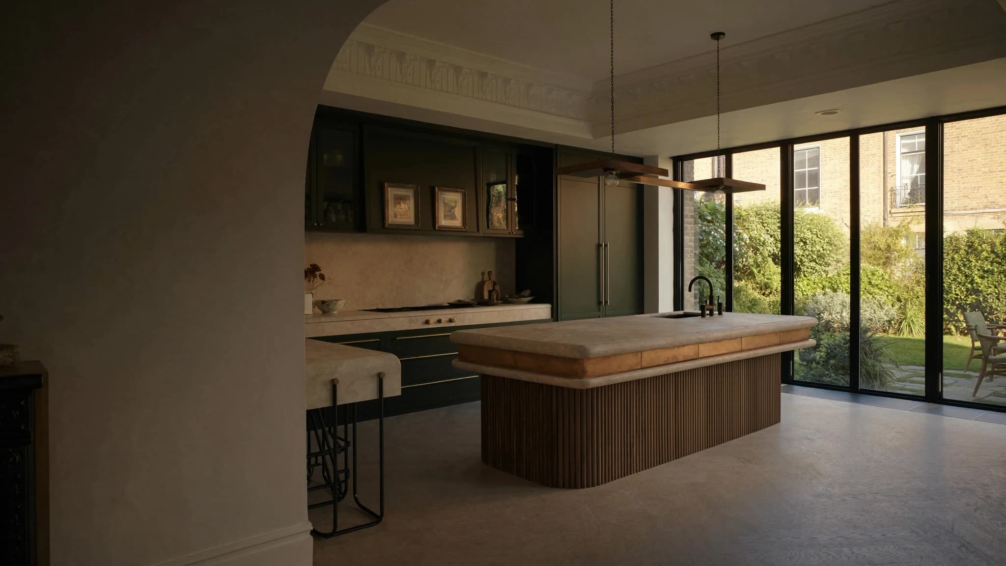 Illustrative premium stone, walnut and olive kitchen in a Chelsea townhouse